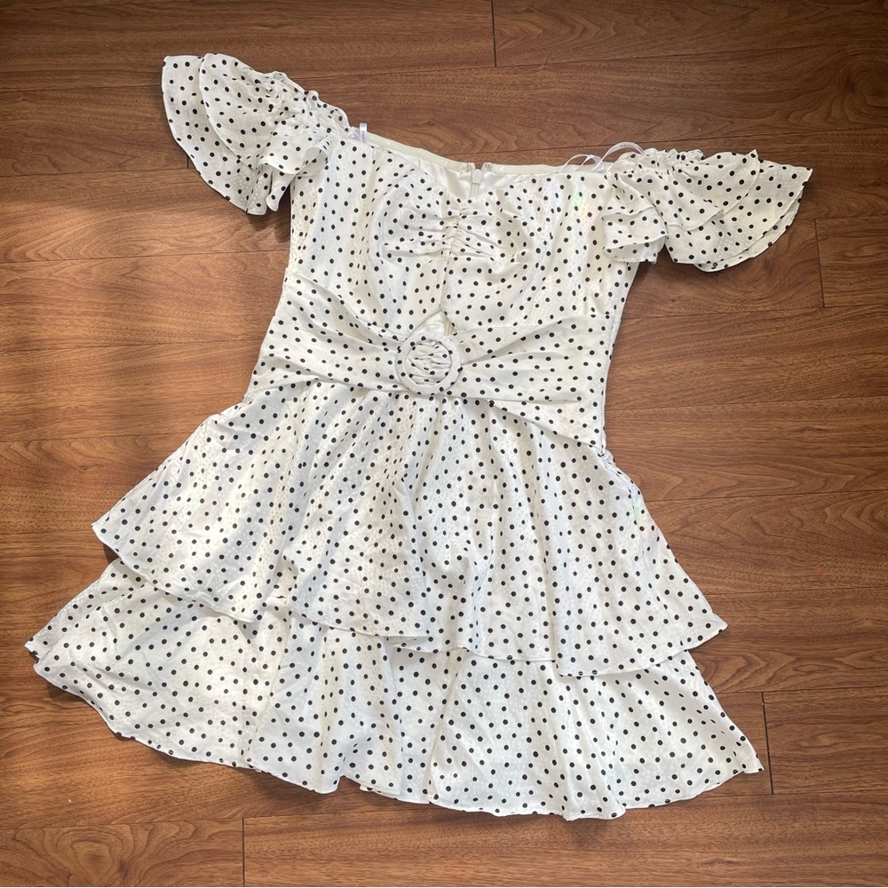 Ever New | size 8 white black polka dot ruffle tiered mini dress